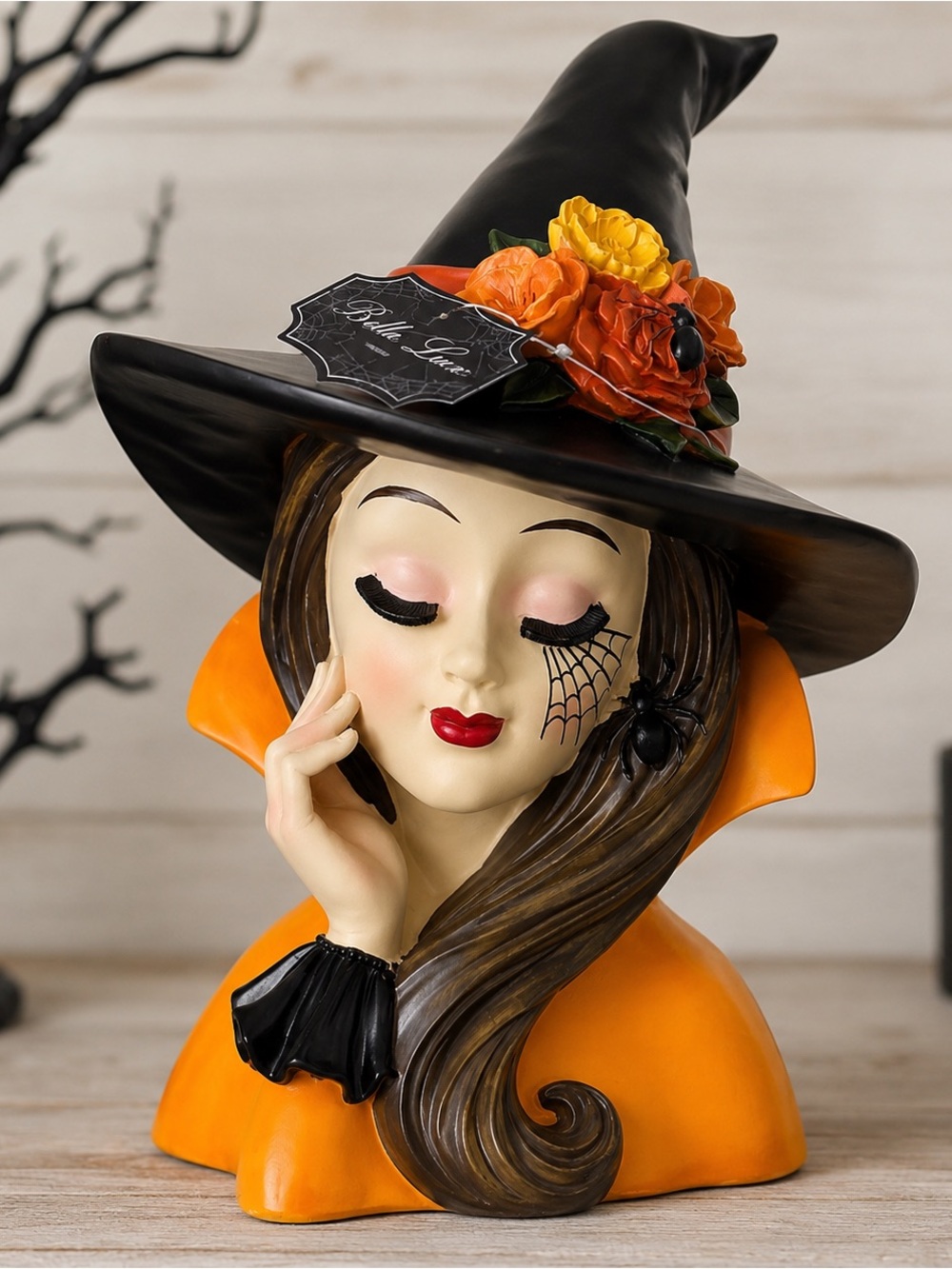 Bella Lux Halloween Glam Witch Bust with Floral Hat & Spider Web Viral - Picture 1 of 4